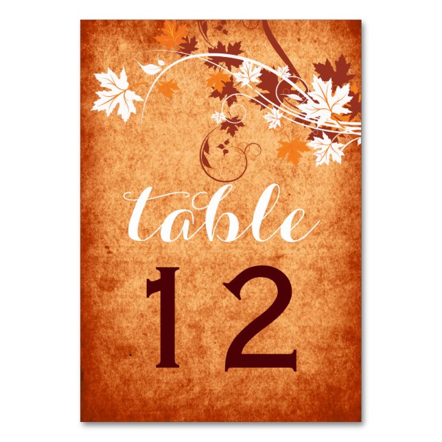 Maple leaves orange fall wedding table number (Front)