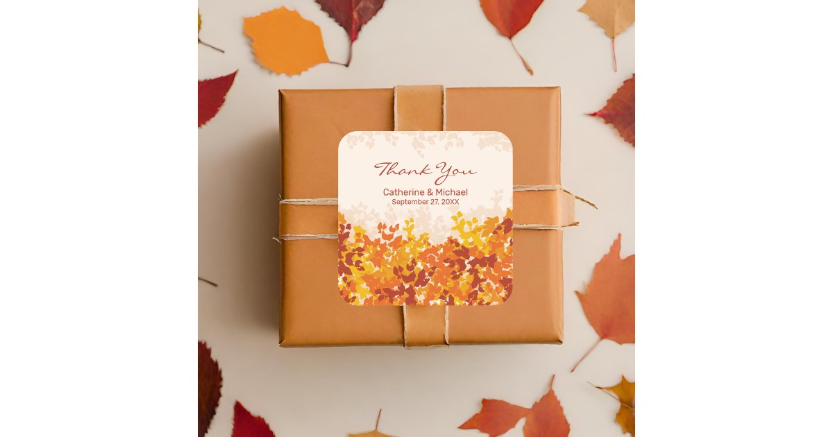 Maple Leaves Orange Terracotta Autumn Thank You Square Sticker | Zazzle