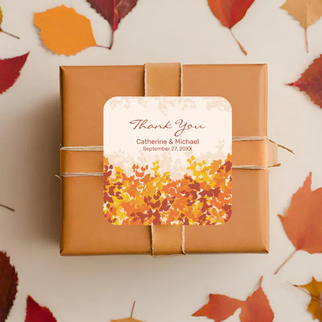 Maple Leaves Orange Terracotta Autumn Thank You Square Sticker | Zazzle