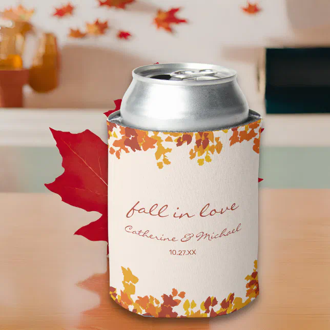 Maple Leaves Orange & Terracotta Autumn Wedding Can Cooler | Zazzle