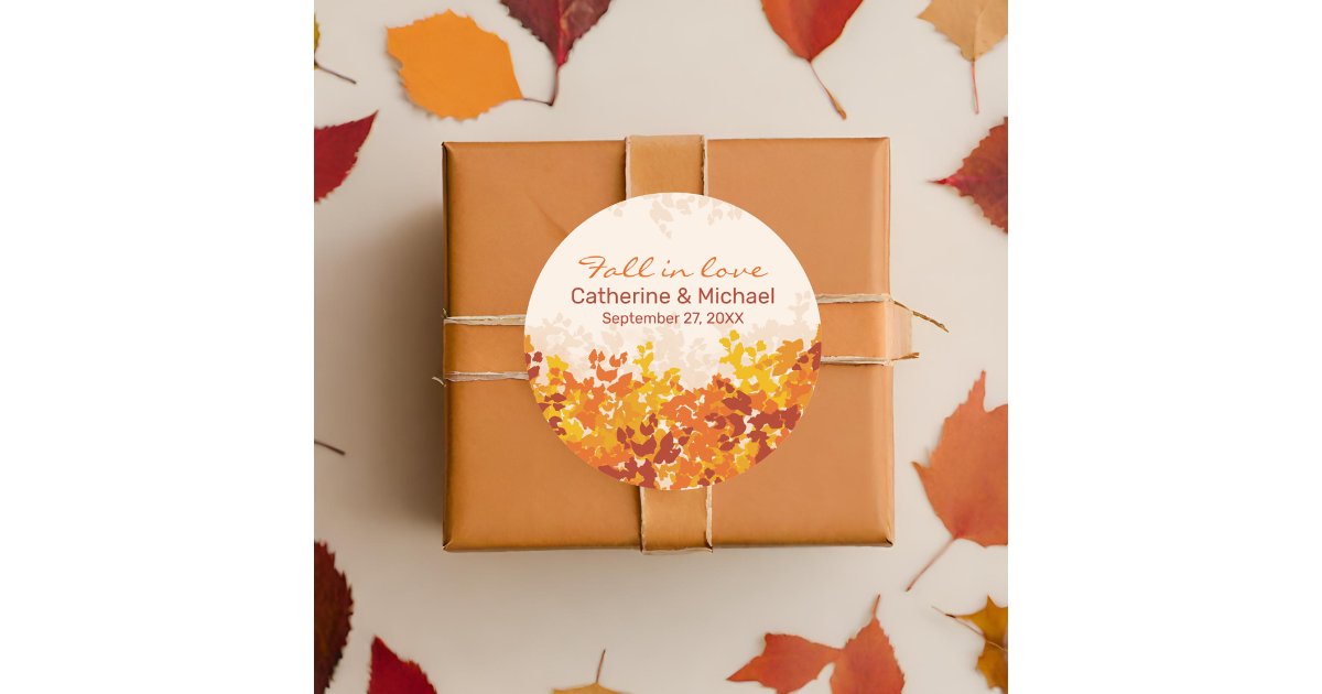 Maple Leaves Orange & Terracotta Autumn Wedding Classic Round Sticker ...