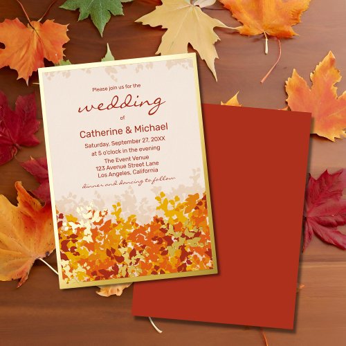 Maple Leaves Orange  Terracotta Autumn Wedding Foil Invitation