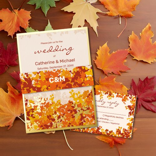 Maple Leaves Orange  Terracotta Autumn Wedding Invitation Belly Band