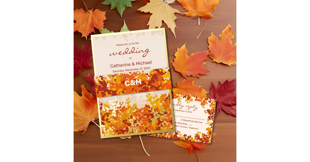 Maple Leaves Orange & Terracotta Autumn Wedding Invitation Belly Band ...