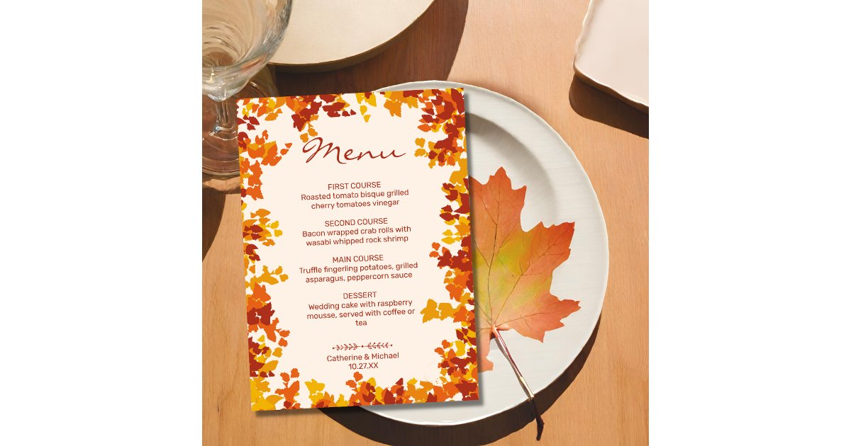 Maple Leaves Orange & Terracotta Autumn Wedding Menu | Zazzle