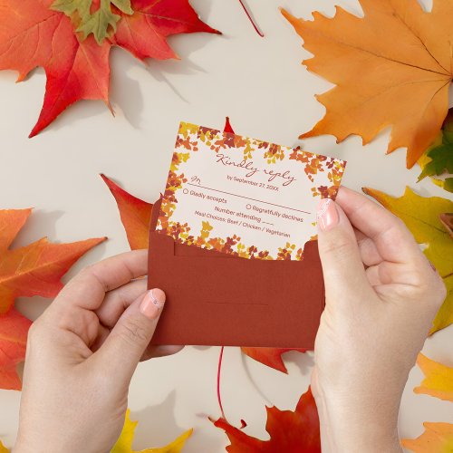 Maple Leaves Orange  Terracotta Autumn Wedding RSVP Card