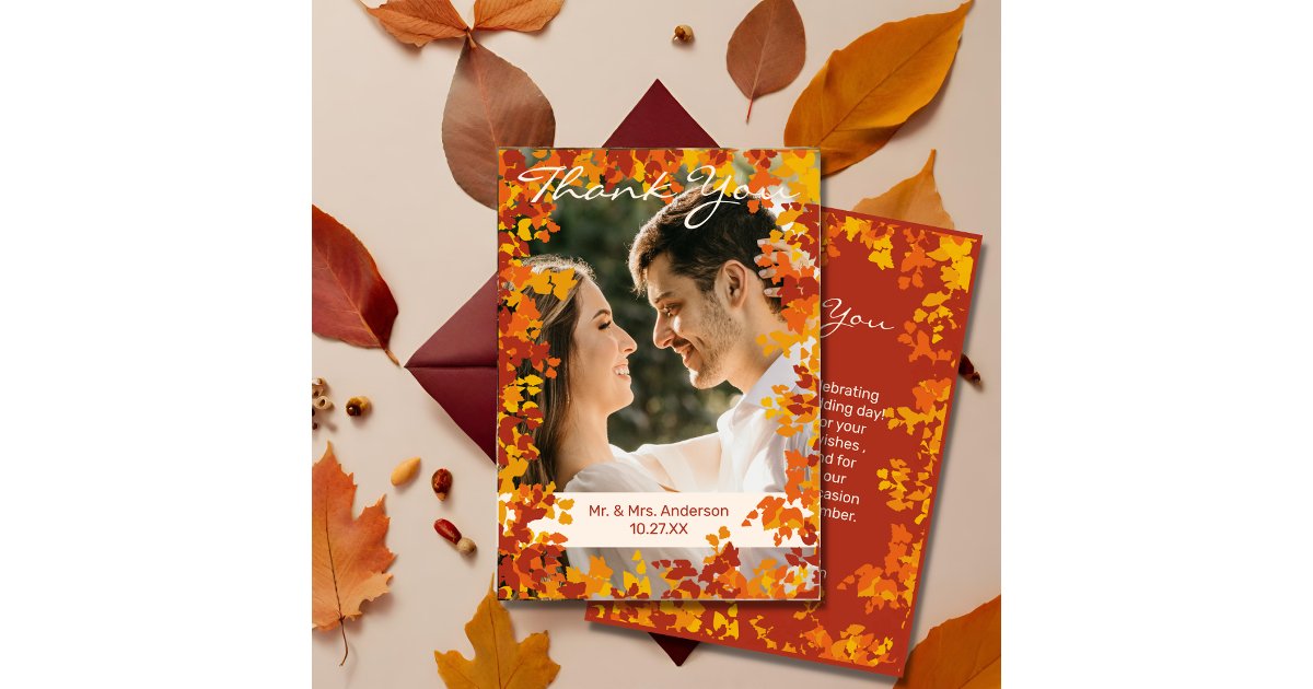Maple Leaves Orange & Terracotta Autumn Wedding Thank You Card | Zazzle