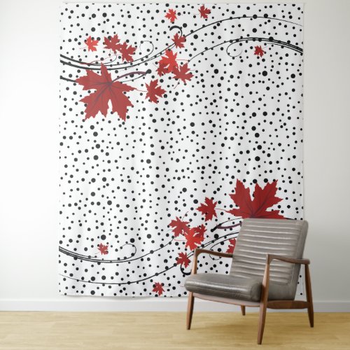 Maple leaves red and black polka dots tapestry