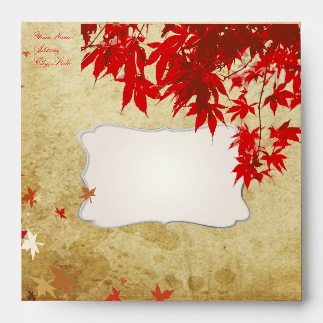 Maple Leaves, Red, Faux Parchment Envelope (Front)