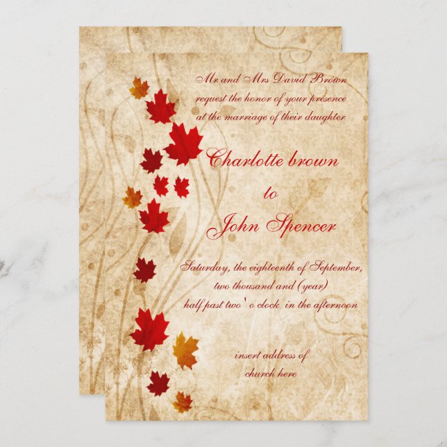 Maple leaves Rustic fall wedding Invitation (Front/Back)