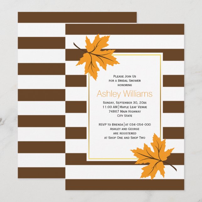 Maple leaves, stripes autumn wedding bridal shower invitation (Front/Back)