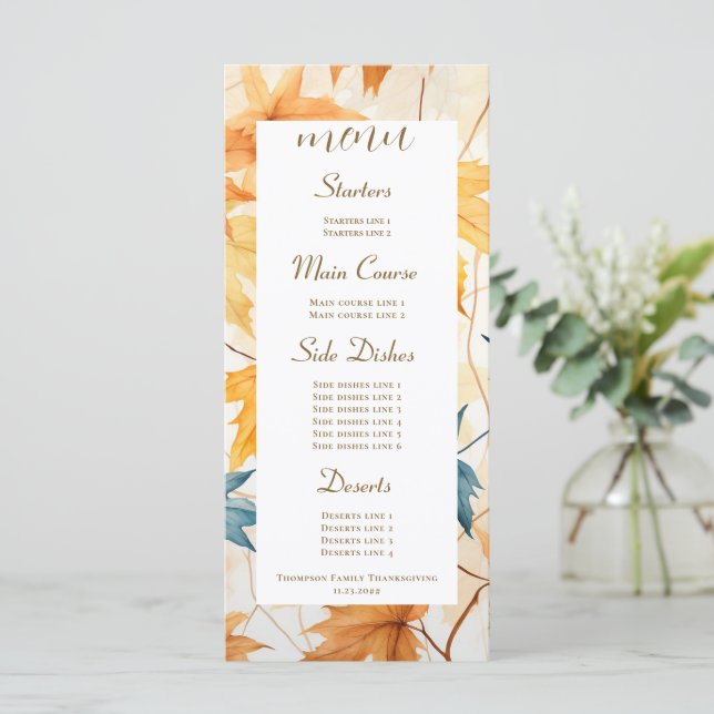 Maple Leaves Thankful Thanksgiving Brunch Dinner Menu (Standing Front)