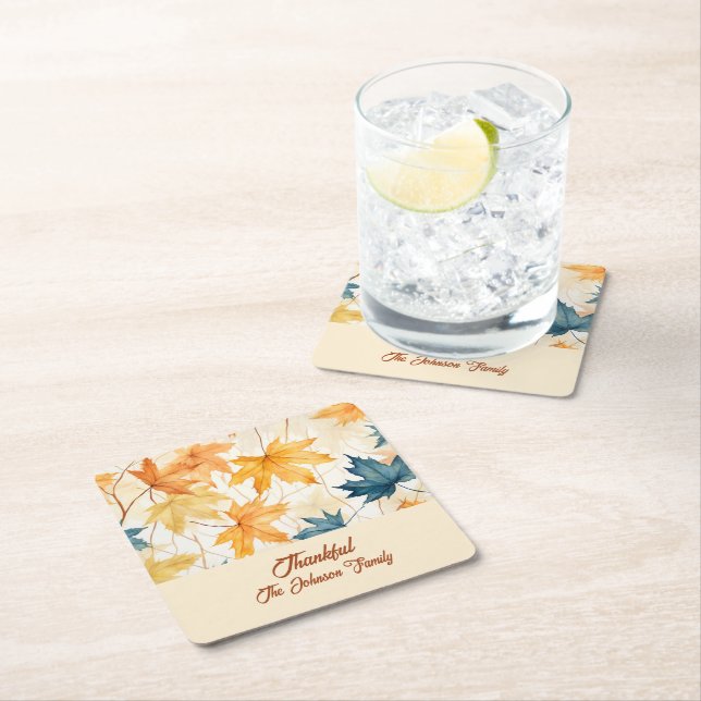 Maple Leaves Thankful Thanksgiving Brunch Dinner Square Paper Coaster (Insitu)