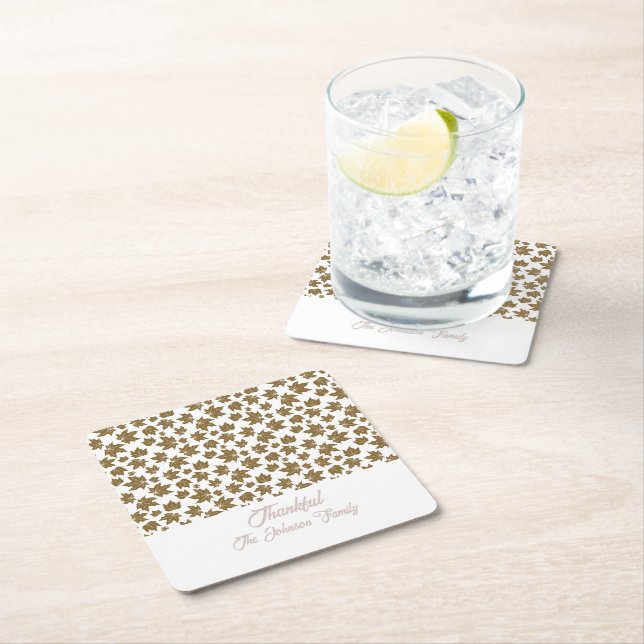 Maple Leaves Thankful Thanksgiving Brunch Dinner Square Paper Coaster (Insitu)