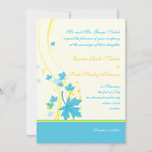 Maple leaves turquoise yellow wedding invitation