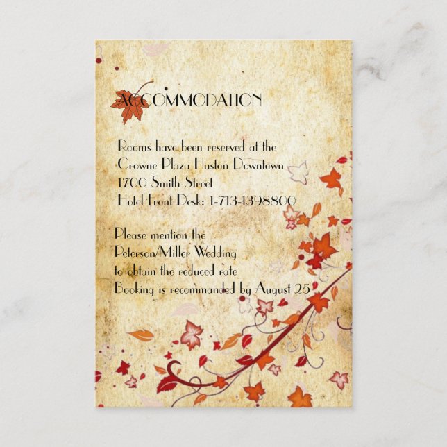 Maple Leaves Vintage Fall Wedding Accommodation Enclosure Card (Front)