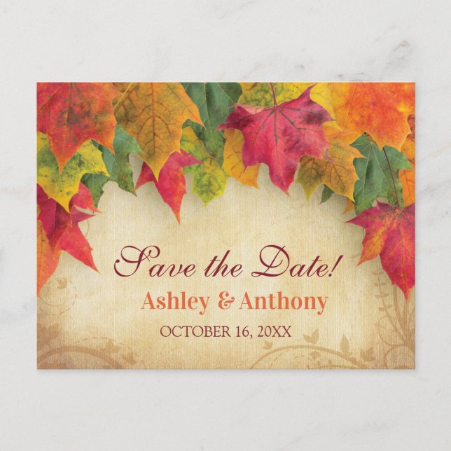 Maple Leaves Wedding Fall Autumn Save the Date Announcement Postcard (Front)