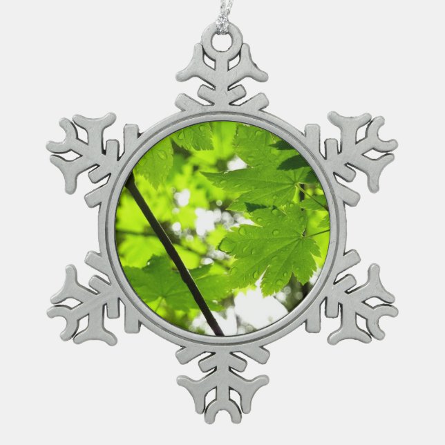 Maple Leaves with Raindrops Snowflake Pewter Christmas Ornament (Front)