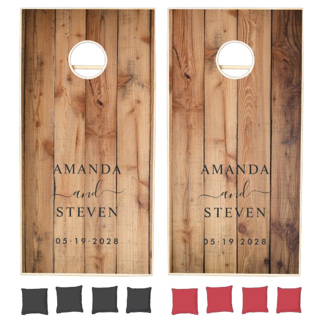 Maple Rough Cut Couple Names with Wedding Date Cornhole Set (Set)