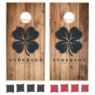 Maple Rough Cut Four Leaf Clover with Name Cornhole Set