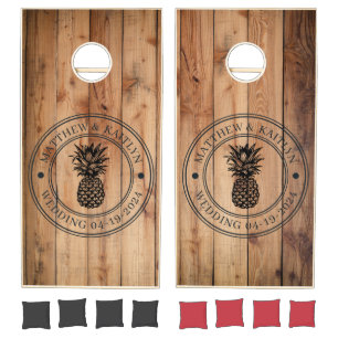 Maple Rough Cut Pineapple Wedding Crest & Names Cornhole Set