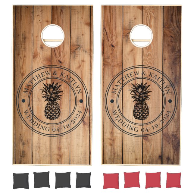 Maple Rough Cut Pineapple Wedding Crest & Names Cornhole Set (Set)