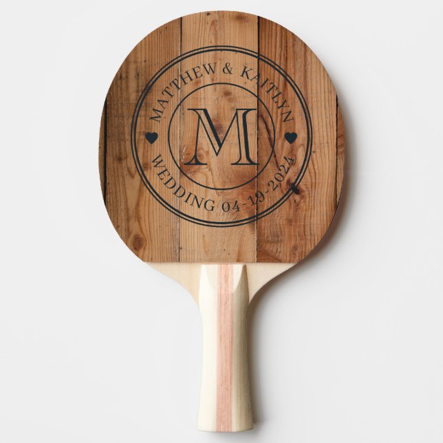 Maple Rough Cut Wedding Monogram Heart Ping Pong Paddle (Front)