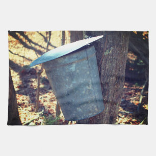 Maple Sugar Sap Bucket On Tree Kitchen Towel