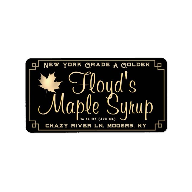 Maple Syrup Address Label with Gold Leaf on Black (Front)