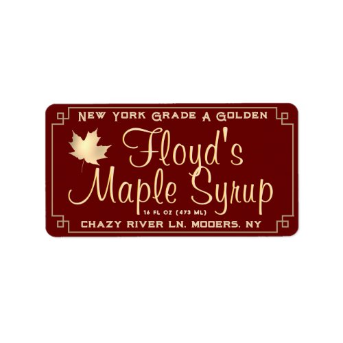 Maple Syrup Address Label with Gold Leaf on Red