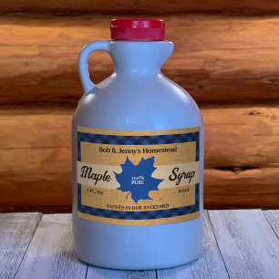 Maple Syrup Blue Buffalo Check Leaf Kraft Paper Rectangular Sticker