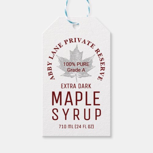 Maple Syrup Detailed Leaf Red Text on White Gift Tags