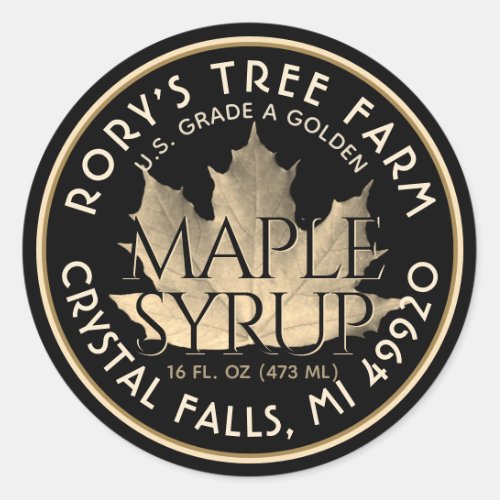 Maple Syrup Gold and Black Maple Leaf Classic Round Sticker