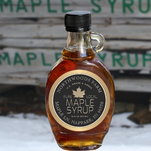 Maple Syrup Gold Leaf Custom Black Gold Border Classic Round Sticker