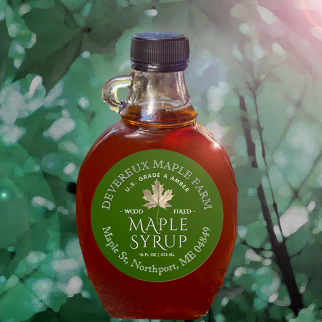 Maple Syrup Gold Maple Leaf on Green Custom Label | Zazzle