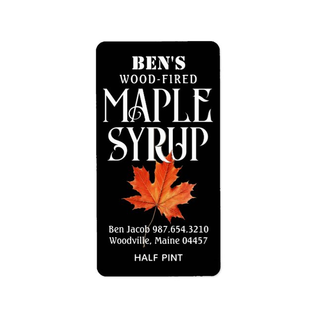 Maple Syrup Jug Label Black with Orange Leaf (Front)