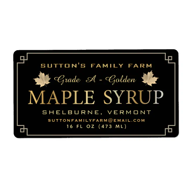 Maple Syrup Label Black and Gold Leaves and Border | Zazzle