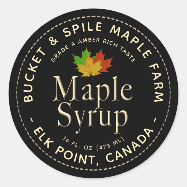 Maple Syrup Label Colorful Maple Leaves Gold Text (Front)