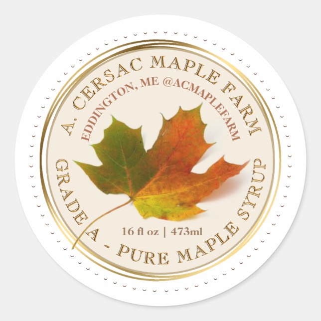 Maple Syrup Maple Leaf Editable Label Gold Border (Front)