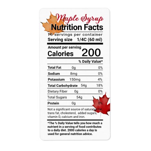 Maple Syrup Nutrition Facts with Leaves Label