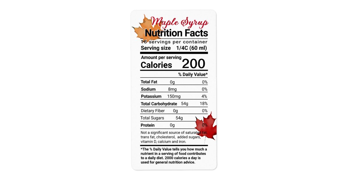 Maple Syrup Nutrition Facts with Leaves Label Zazzle