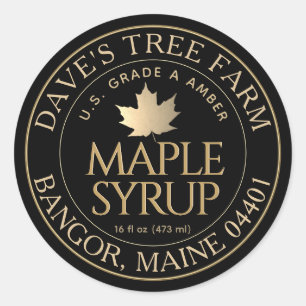 Maple Syrup on Black with Gold Maple Leaf  Classic Round Sticker