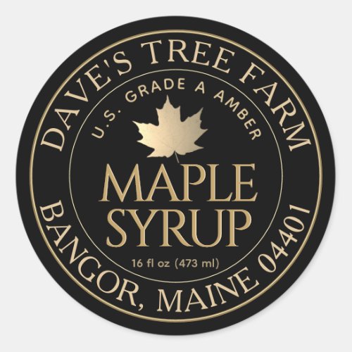 Maple Syrup on Black with Gold Maple Leaf  Classic Round Sticker