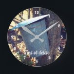 Maple Syrup Sap Bucket On Tree Personalized Round Clock<br><div class="desc">Maple sugar syrup sap running from the tree with buckets is one of the first signs of spring in New England. Nature photography by Susan. This image is available on many cards and products in my main store Smilin' Eyes Treasures. Visit my Profile page to find links to all of...</div>