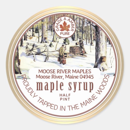 Maple Syrup Tapped Trees Maple Leaf Gold Border  Classic Round Sticker