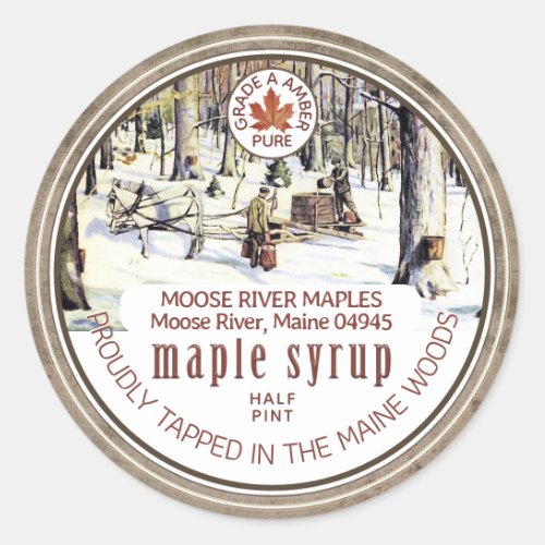 Maple Syrup Tapped Trees Maple Leaf Grunge Border  Classic Round Sticker