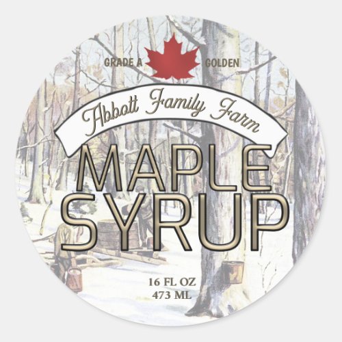 Maple Syrup Tapping in Snowy Forest Scene Red Leaf Classic Round Sticker