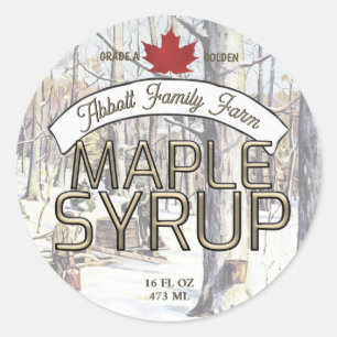 Maple Syrup Tapping in Snowy Forest Scene Red Leaf Classic Round Sticker