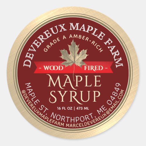 Maple Syrup Wood Fired Red Banner Gold Leaf   Clas Classic Round Sticker