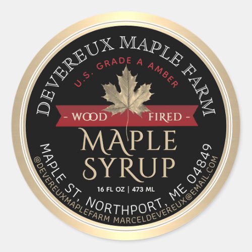 Maple Syrup Wood Fired Red Banner Gold Leaf Classic Round Sticker